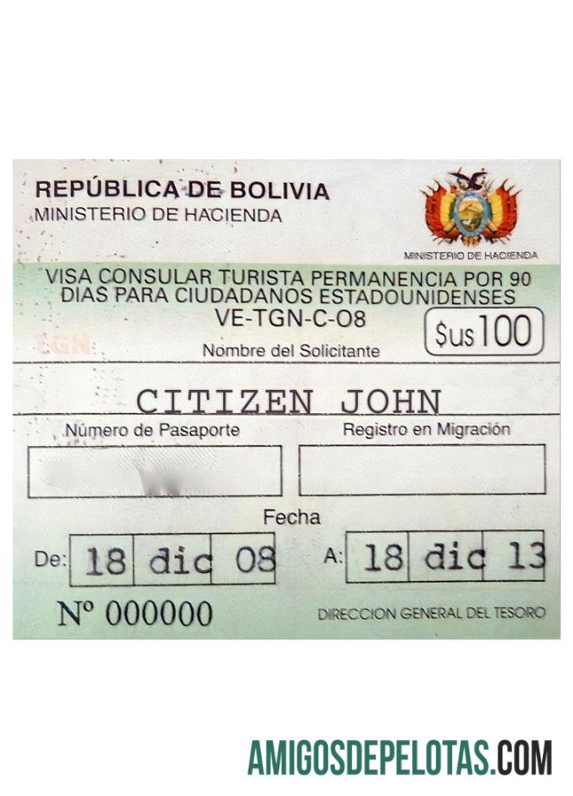 Visto de viagem para a BOLÍVIA exemplo real